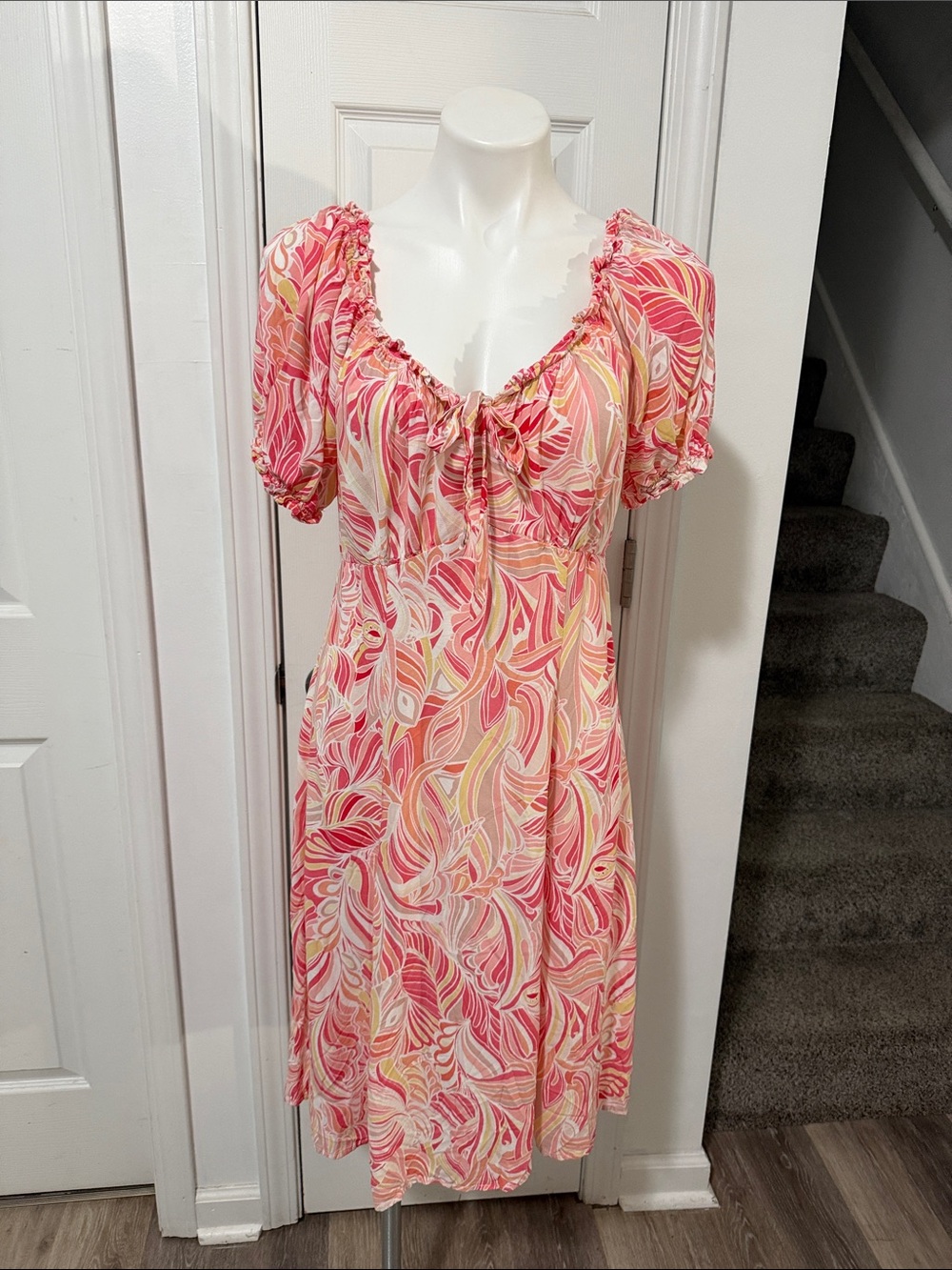Luxology Pink Off Shoulder.Swirl Puff Sleeve Midi Dress Size Large